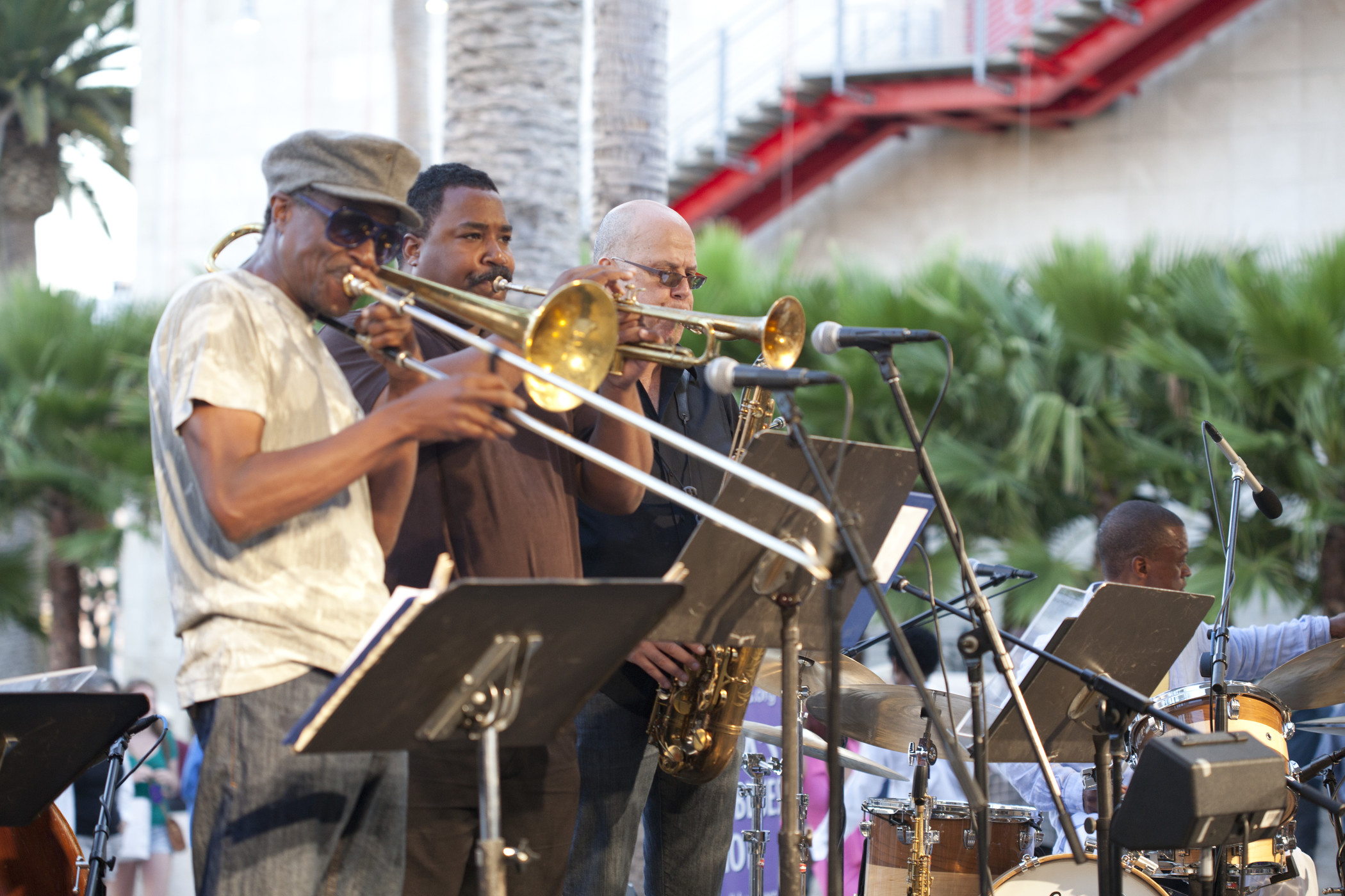 Musicians performing onstage at LACMA's jazz night.